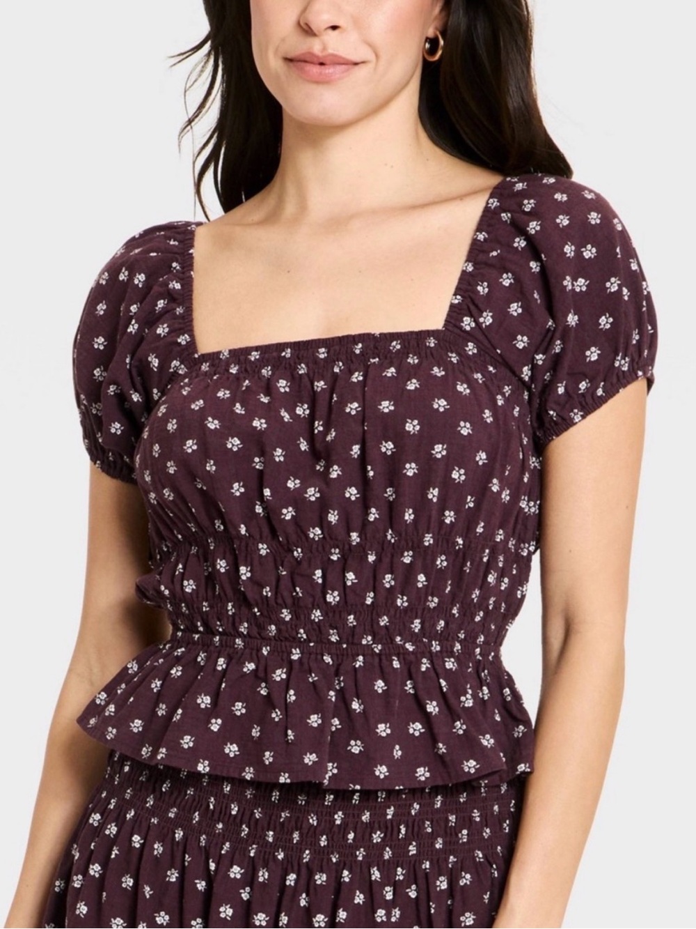 NWT XS Smocked Puff-Sleeve Women's Top in Deep Plum